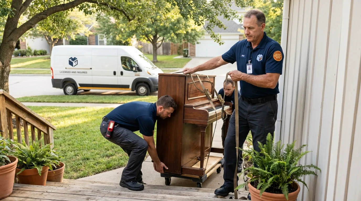 Licensed piano movers securing grand piano in Bradley, IL