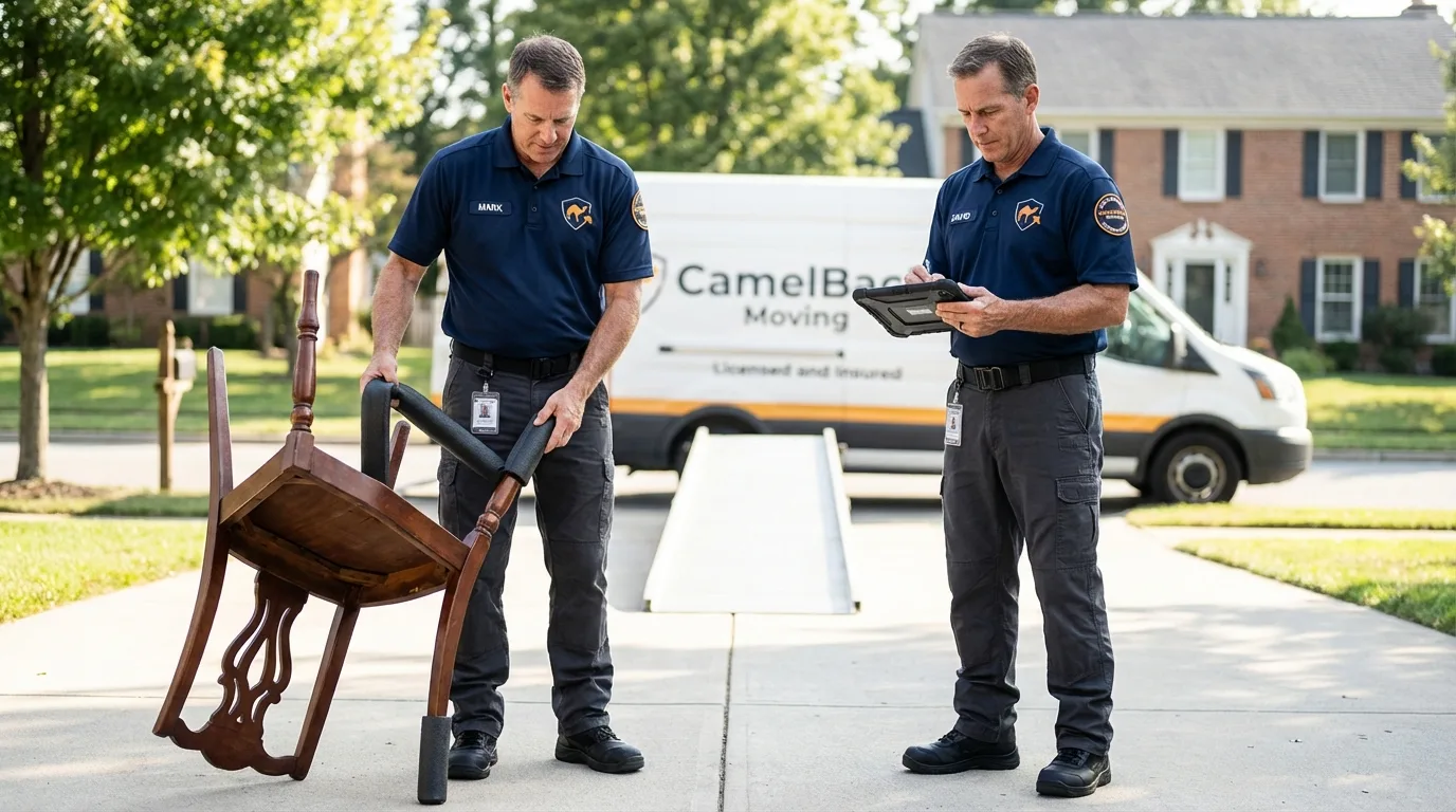 Movers inspecting furniture for damage prevention before loading in Bradley, IL