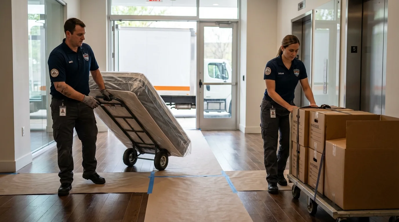Professional apartment movers loading elevator in Bradley, IL